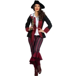 SALE Damen-Kostüm Piratin, 3-tlg. mit Hose, Jacke und Gürtel, burgund-schwarz, Gr. 36
