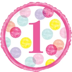 SALE Folienballon, erster Geburtstag / Zahl 1, Rosa / Pink mit Punkten, beidseitig bedruckt, Größe: ca. 45 cm