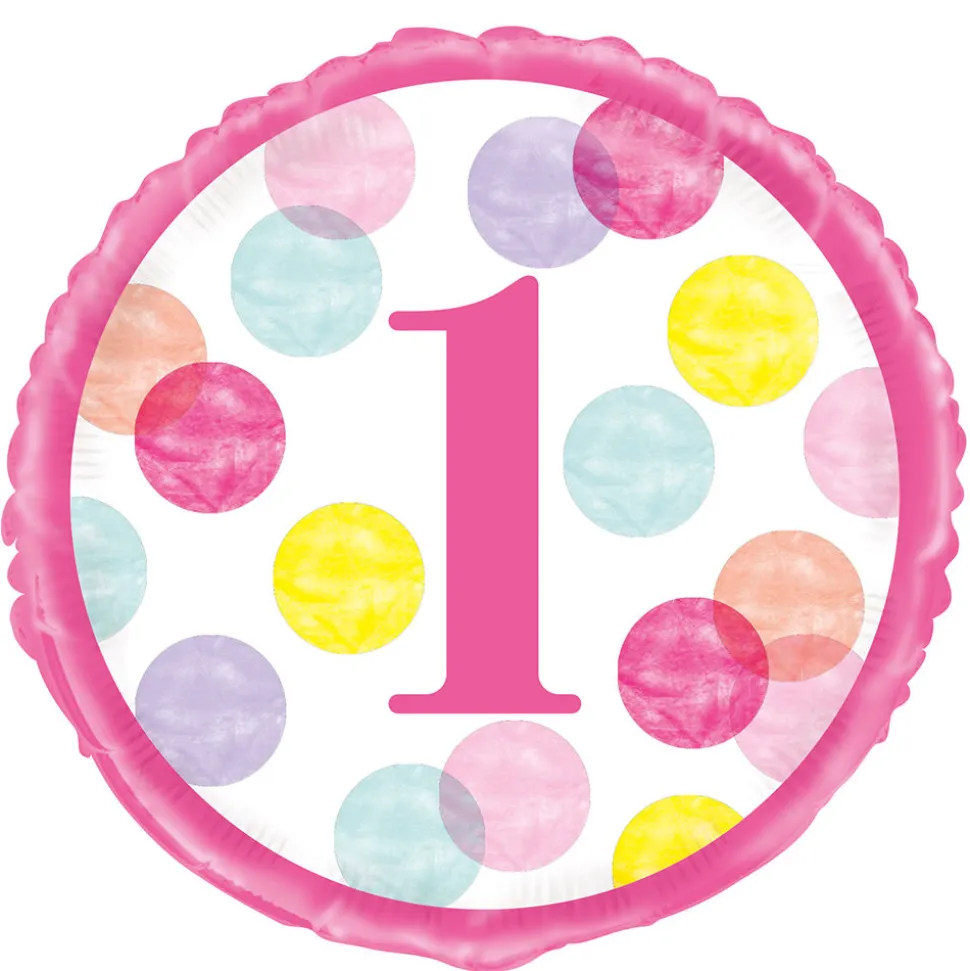 SALE Folienballon, erster Geburtstag / Zahl 1, Rosa / Pink mit Punkten, beidseitig bedruckt, Größe: ca. 45 cm
