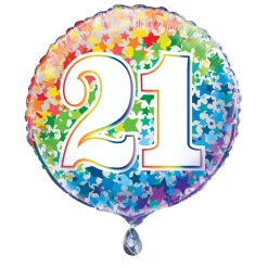 SALE Folienballon 21. Geburtstag, mit bunten Sternen / Regenbogen, beidseitig bedruckt, Größe: ca. 45 cm