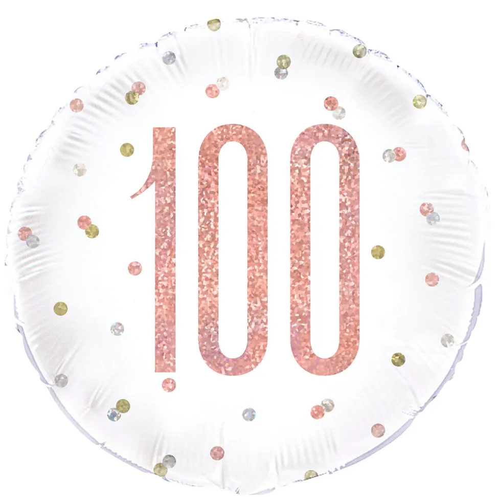 SALE Folienballon 100. Geburtstag, weiß-rosa, glitzernd, Größe: ca. 45 cm