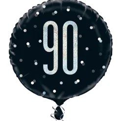 SALE Folienballon 90. Geburtstag, schwarz-silber, glitzernd, Größe: ca. 45 cm