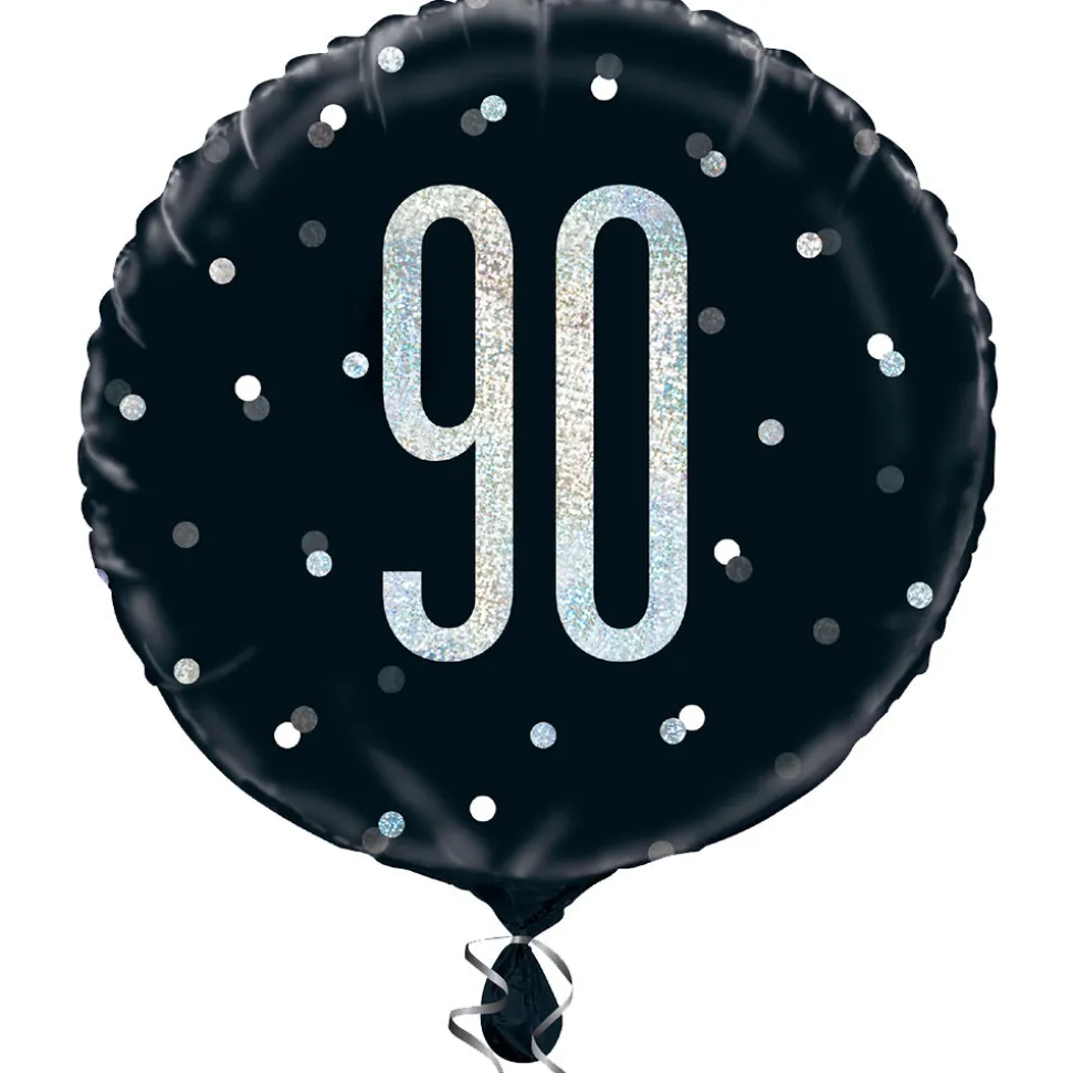 SALE Folienballon 90. Geburtstag, schwarz-silber, glitzernd, Größe: ca. 45 cm