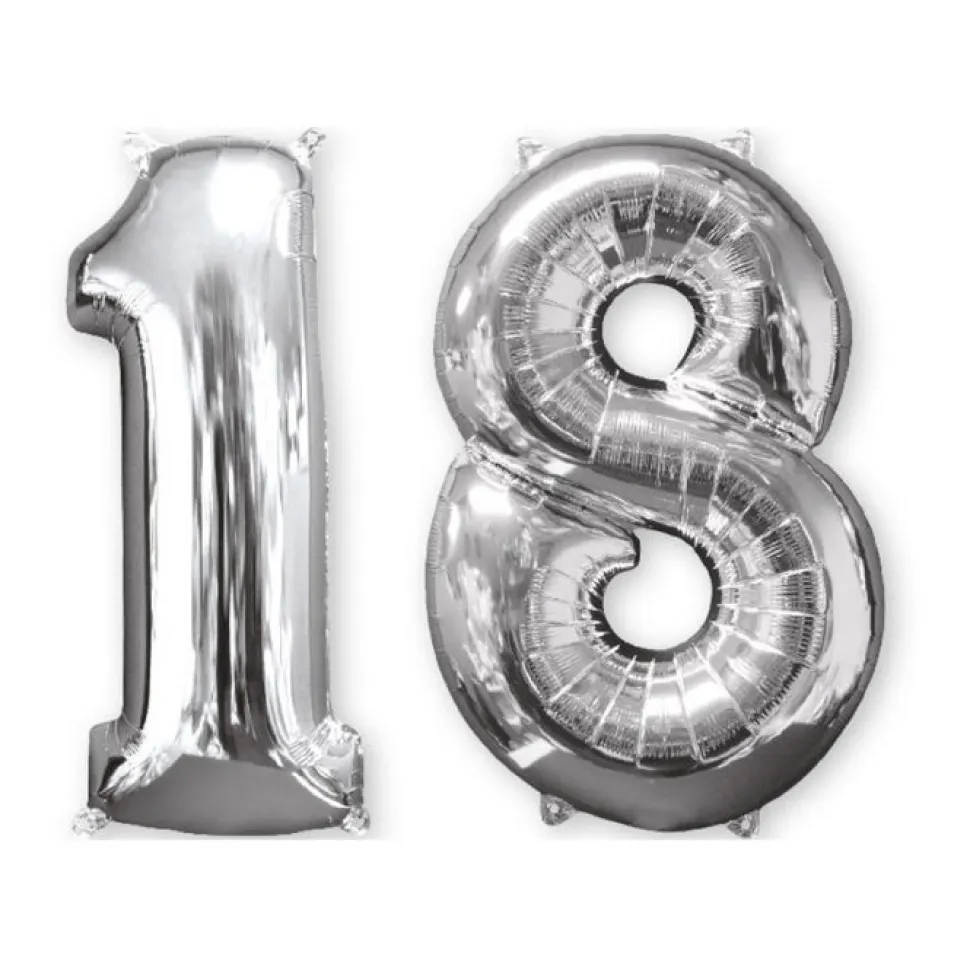 SALE Folienballon Medium Zahl 18 Silber, 45x66 cm
