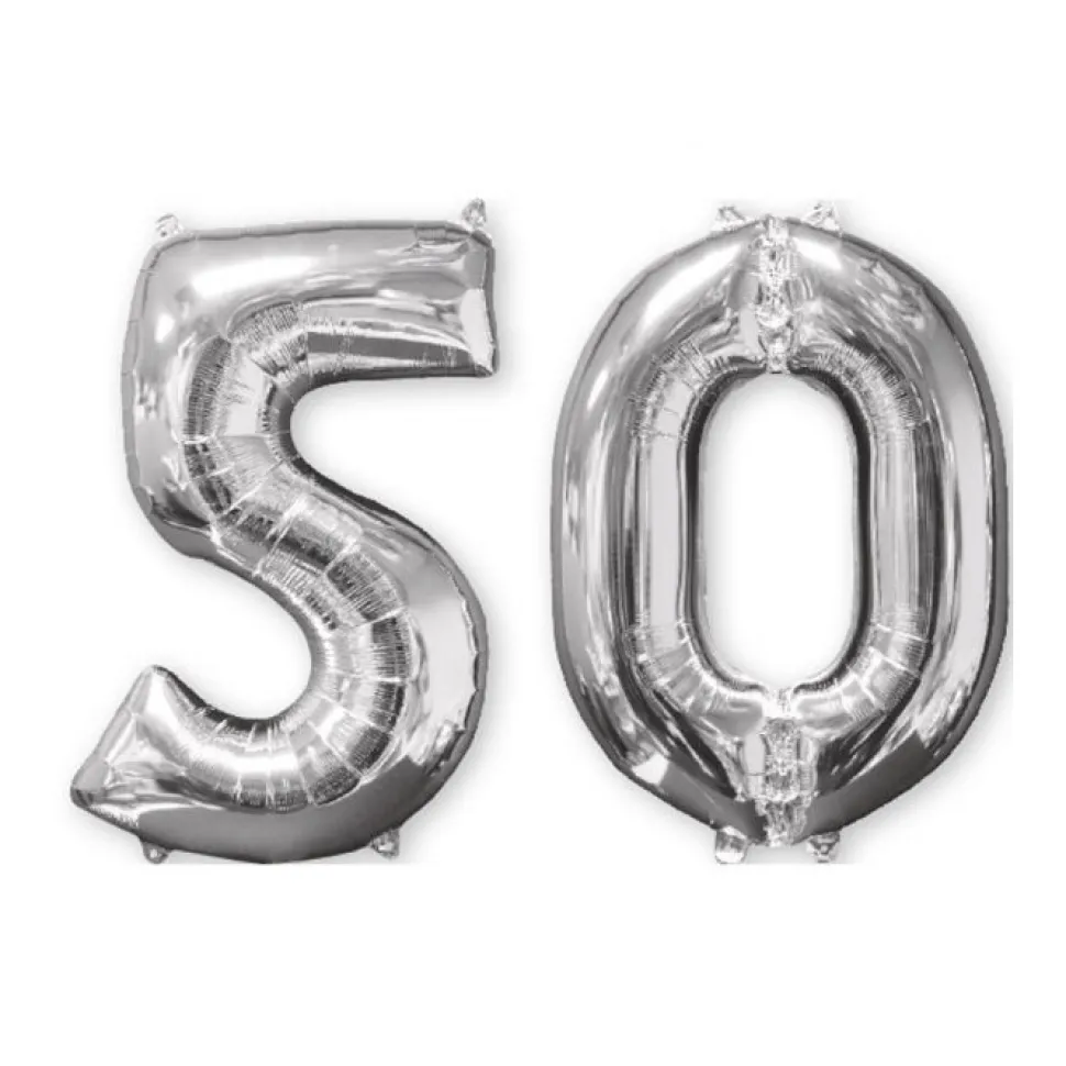 SALE Folienballon Medium Zahl 50 Silber, 45x66 cm