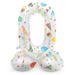 SALE Folienballon Mini Zahl 0, mit Standfuss und buntem Party-Design, ca. 40cm, Zahlenballon