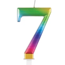 SALE Kerze Regenbogen glänzend, mit Halter, Zahl 7