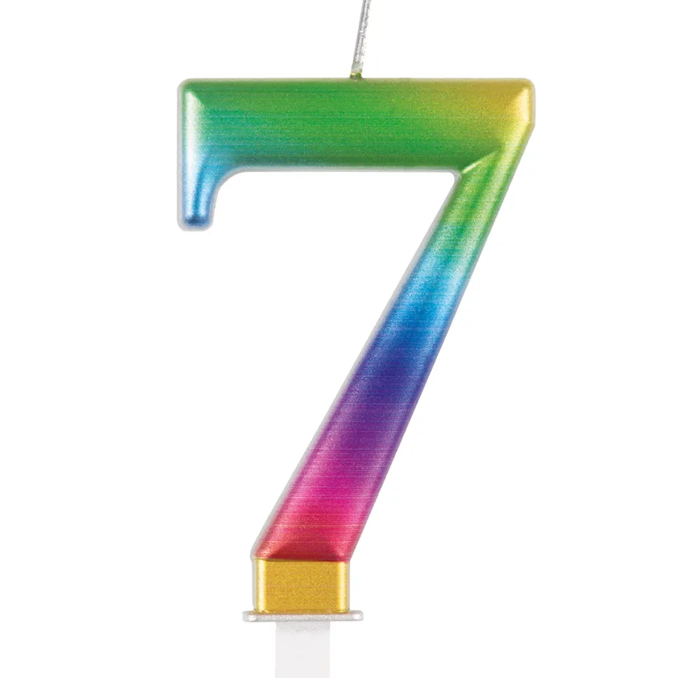 SALE Kerze Regenbogen glänzend, mit Halter, Zahl 7