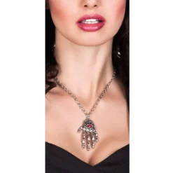 SALE Kette Skelett-Hand, silber mit rotem Stein