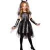 SALE Kinderkostüm Halloween mit Skelettaufdruck, Kleid, fingerlose Handschuhe, Brautschleier mit Hörnern, Größe: 116cm