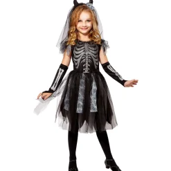 SALE Kinderkostüm Halloween mit Skelettaufdruck, Kleid, fingerlose Handschuhe, Brautschleier mit Hörnern, Größe: 116cm