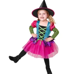 SALE Kinderkostüm Hexe, Kleid mit Hexen-Hut, Bunt, Größe: 116cm / Alter 4-5 Jahre