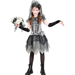 SALE Kinder-Kostüm Skelettbraut, mit Kleid, Handschuhen, Brautschleier, Gr. 116