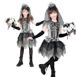SALE Kinder-Kostüm Skelettbraut, mit Kleid, Handschuhen, Brautschleier, Gr. 116