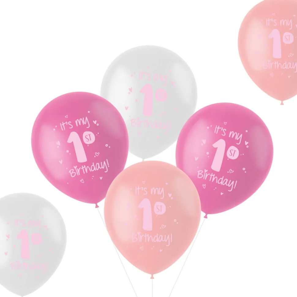 SALE Latex-Luftballons Pastel-Vibes rosa, 33cm Durchmesser, 6 Stück, Aufdruck: Its my 1st Birthday