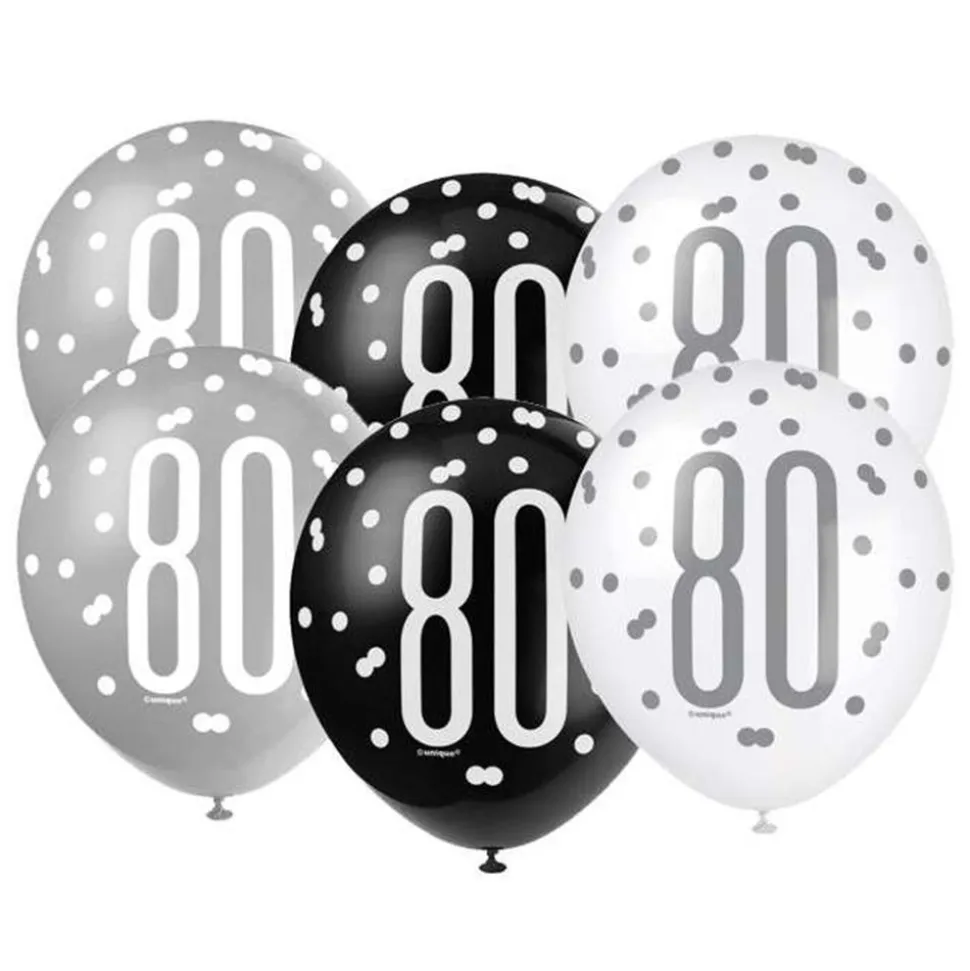 SALE Luftballon Latex 80. Geburtstag, weiß / grau / schwarz, Größe: ca. 30 cm, 6 Stück