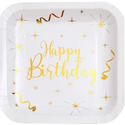 SALE Papp-Teller Happy Birthday weiß-metallic-gold, 10 Stück, ca. 23 x 23cm
