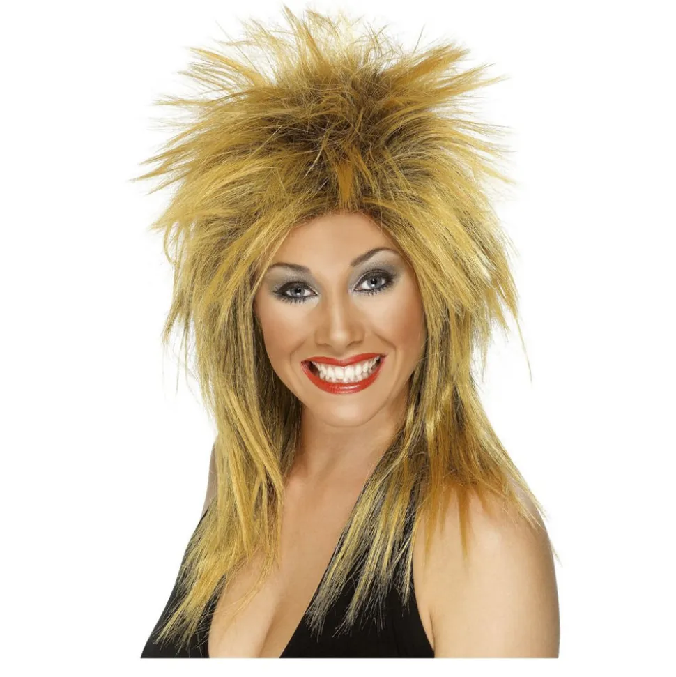 SALE Perücke Damen 80er Punk Rock Diva, schwarz-hellbraun