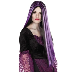 SALE Perücke Damen Hexe Mittelscheitel superlang de Luxe mit lila Strähne Iona, schwarz