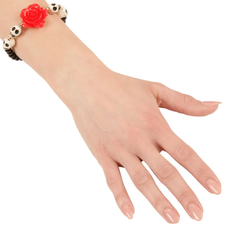 SALE Perlenarmband mit roter Rose und Totenköpfen