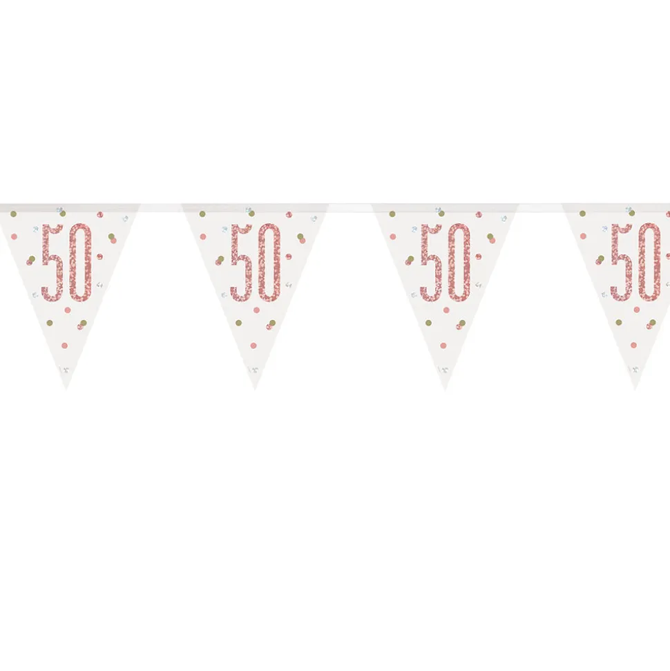 SALE Wimpelkette 50. Geburtstag, rosegold-glitzer, Länge: ca. 2,7 m