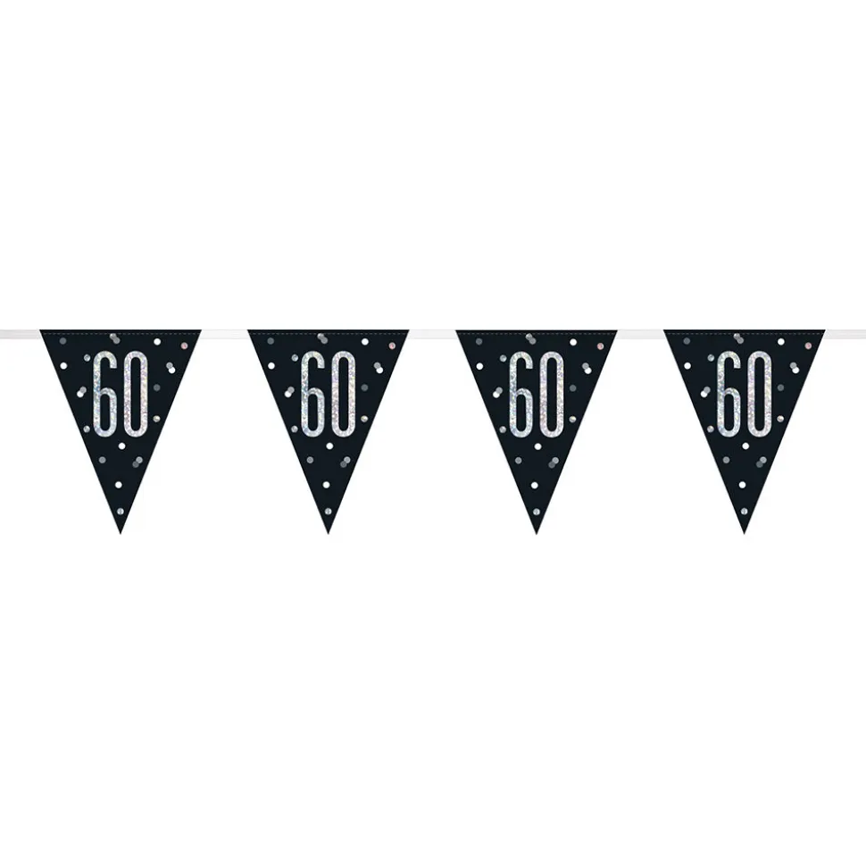 SALE Wimpelkette 60. Geburtstag, schwarz-silber, glitzernd, Länge: ca. 2,7 m