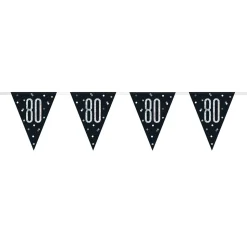 SALE Wimpelkette 80. Geburtstag, schwarz-silber, glitzernd, Länge: ca. 2,7 m
