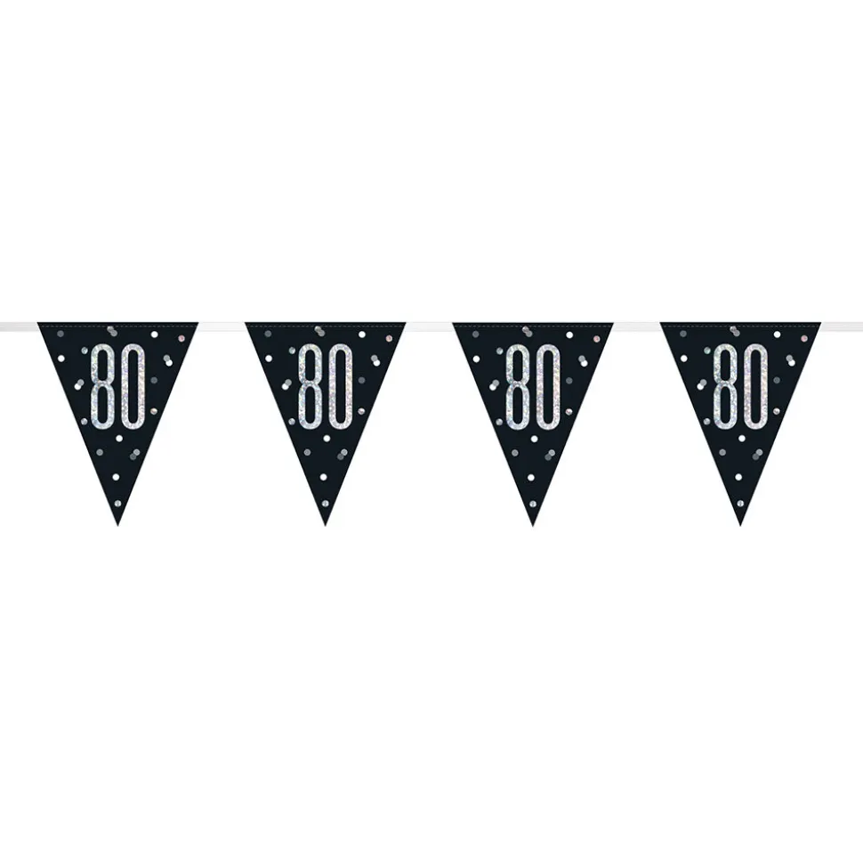 SALE Wimpelkette 80. Geburtstag, schwarz-silber, glitzernd, Länge: ca. 2,7 m