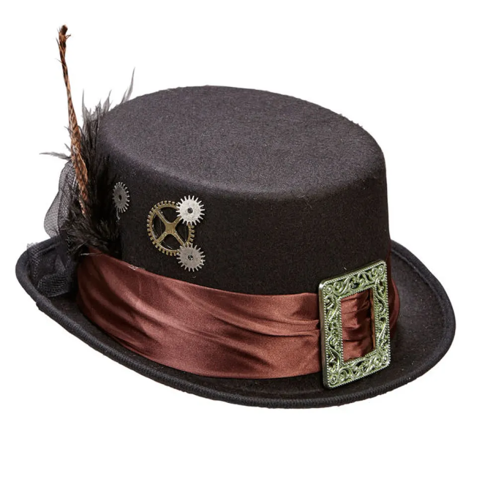 Zylinder Steampunk aus Filz, mit braunem Band und Federn