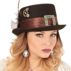 Zylinder Steampunk aus Filz, mit braunem Band und Federn