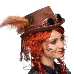 Zylinder Steampunk braun, mit Brille und Federn, KW ca 58cm