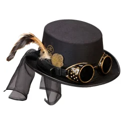 Zylinder Steampunk mit Brille, Zahnraddeko und Federn